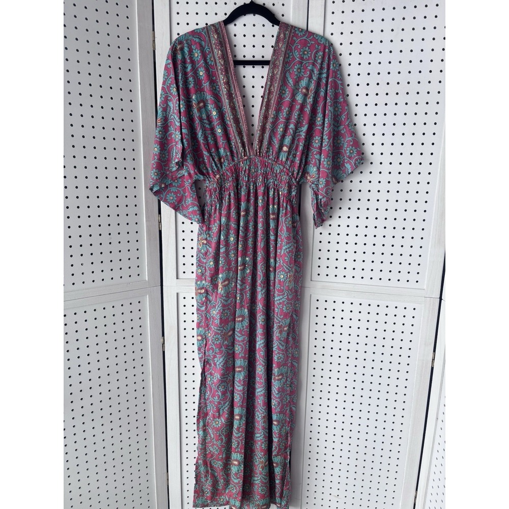 Karma Highway Maxi Dress Women's One Size Flutter SLV Pink Green Gold VNeck